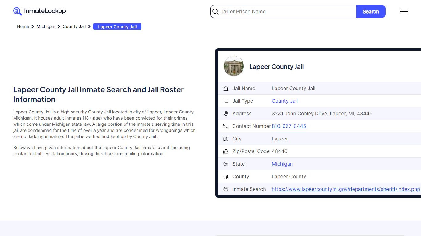 Lapeer County Jail Inmate Search and Jail Roster Information